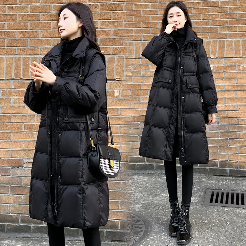 

2022 Women Winter Fashion Long White Duck Down Jackets Female Loose Stand Collar Outwear Ladies Solid Color Warm Coats D145