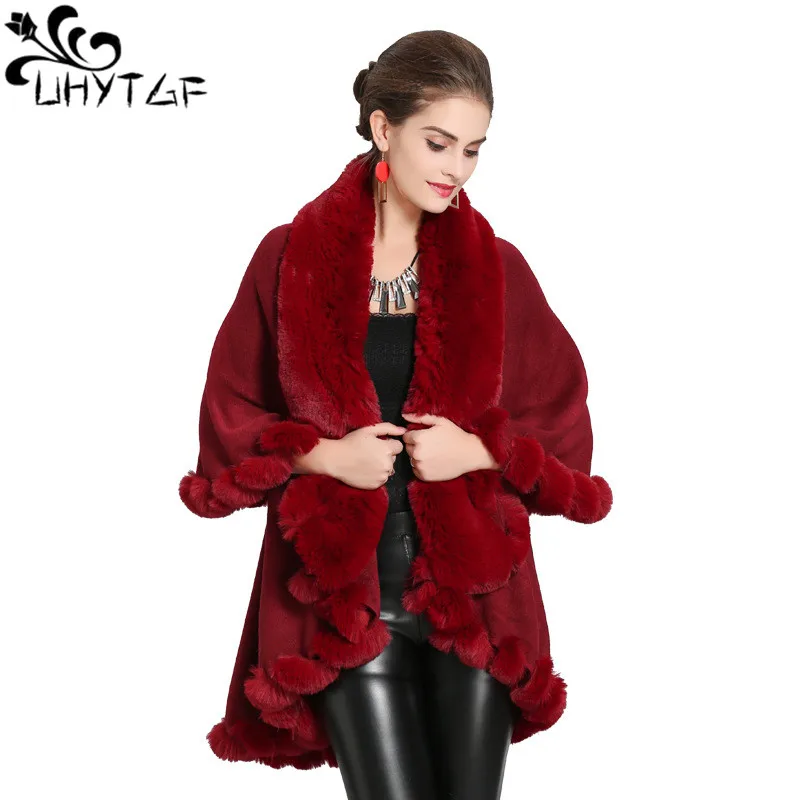 

UHYTGF Imitation Cashmere Autumn Winter Shawl Cloak Coat Women Fake Fox Fur Collar Knit Cardigan Cape Jacket Female Outewear2076