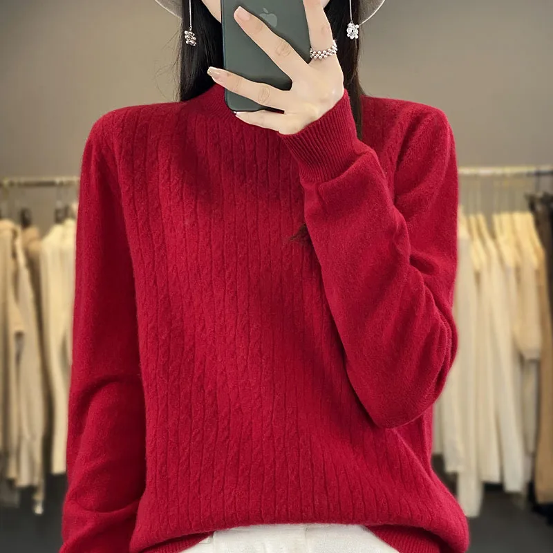 Cashmere Sweater Autumn Winter Woman's Sweaters Long Sleeve Half High Neck Female Pullover Loose Jumper 100% Woolen Knitted Tops