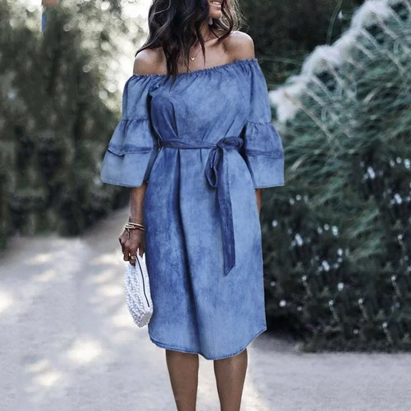 

New 2021 Fashion Summer Loose Dark Blue Casual Tube Top Sexy Denim Dress Tie-dye Elastic Waist Tie Wrap Hip Women's Clothing