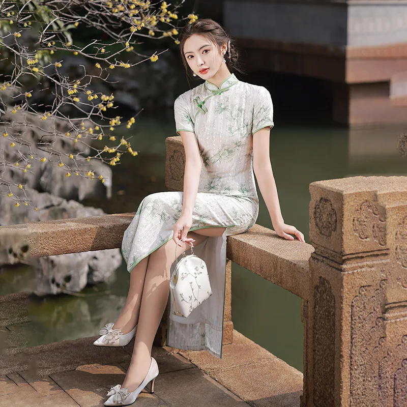 Women Green Cheongsam Short Sleeve Camellia Floral Dress Summer Slim Costumes Elegant Long Qipao S To XXL