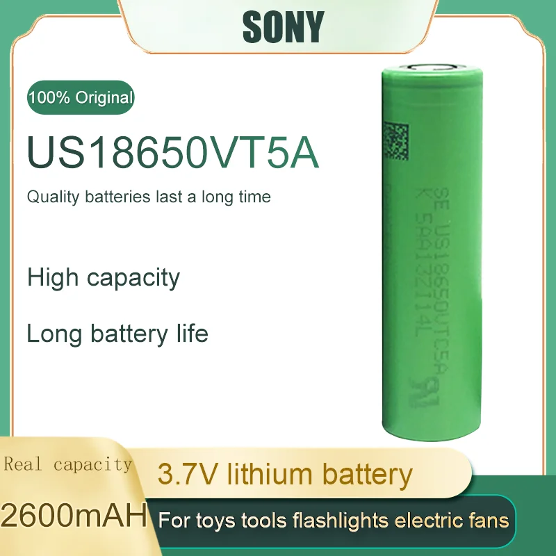 100% Оригинальный Аккумулятор SONY 18650 VTC5A 2600mAh 3.7v Перезаряжаемый Литий-ионный Батарейный Блок с Плоской/Кнопочной Верхней Частью для Электроинструментов/Фонарей Маленьких Вентиляторов.