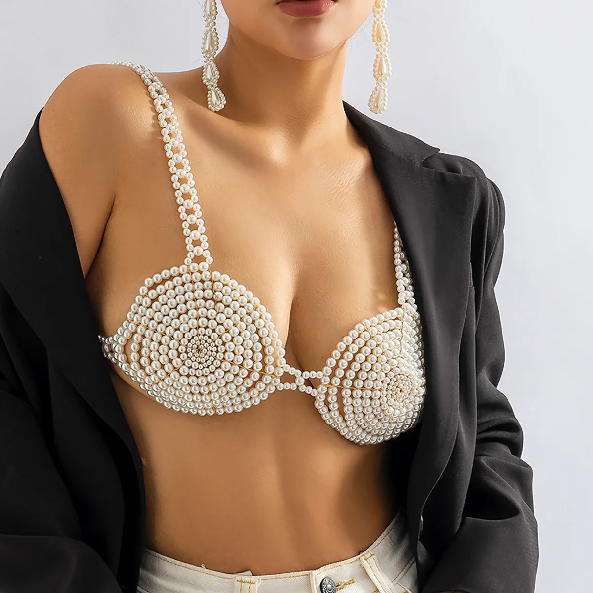 

Sexy Women Blg Pearls Bikini Camisoles Handmade Beading Vest Weaves Metal Body Chain Tanks Hollow Camis Crop Tops