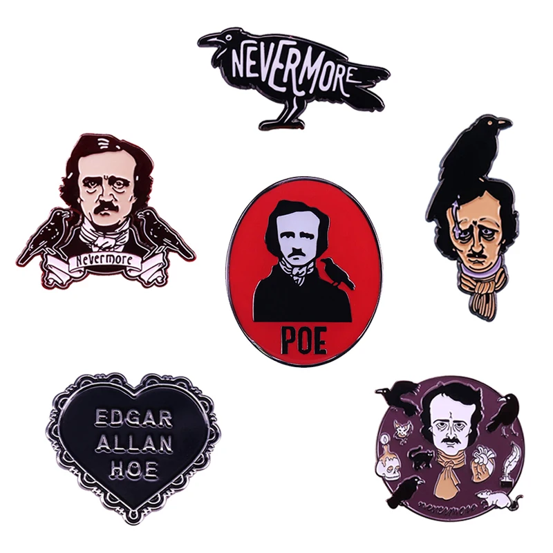 

Great writer Poet Edgar Allan Poe brooch Nevermore Raven Crow Brooch Halloween Weird Gothic Horror Pin Literature Bookworm gift