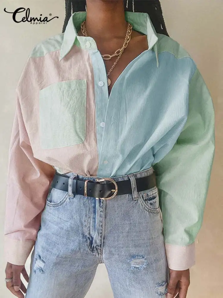 

Блузка женская оверсайз с отложным воротником и длинным рукавом, в полоску