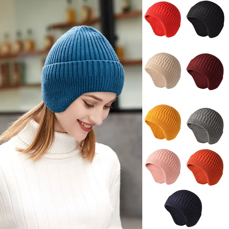 

Winter Thick Bomber Hat Knitted Earflap Warm Cap Outdoor Windproof Hats for Women Men Unisex Solid Color Fashion Beanies Caps