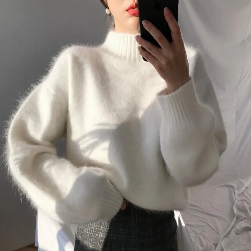 

White Furry Sweaters Women Knit Jumper Fluffy Rabbit Hair Pullovers Loose Soft Solid Sweater Female Cashmere Turtleneck Pullover