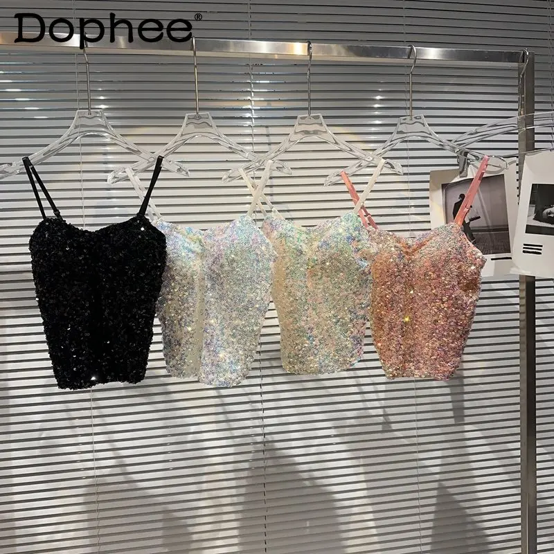 

Sweet Candy Color Camisole Vest 2023 Summer New Nightclub Socialite Hot Girl Gradient Full Body Sequins Sexy Chest Pad Vests Top