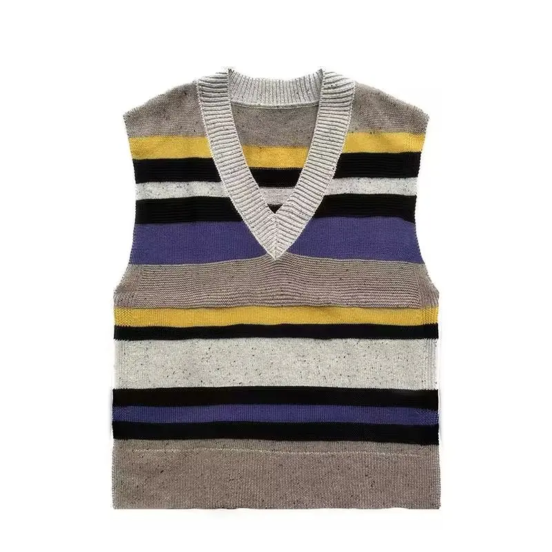 

CO Women's Autumn 2023 New Fashion Casual Joker Striped Knit Vest Sweater Retro V-neck Sleeveless Pullover Chic Top.