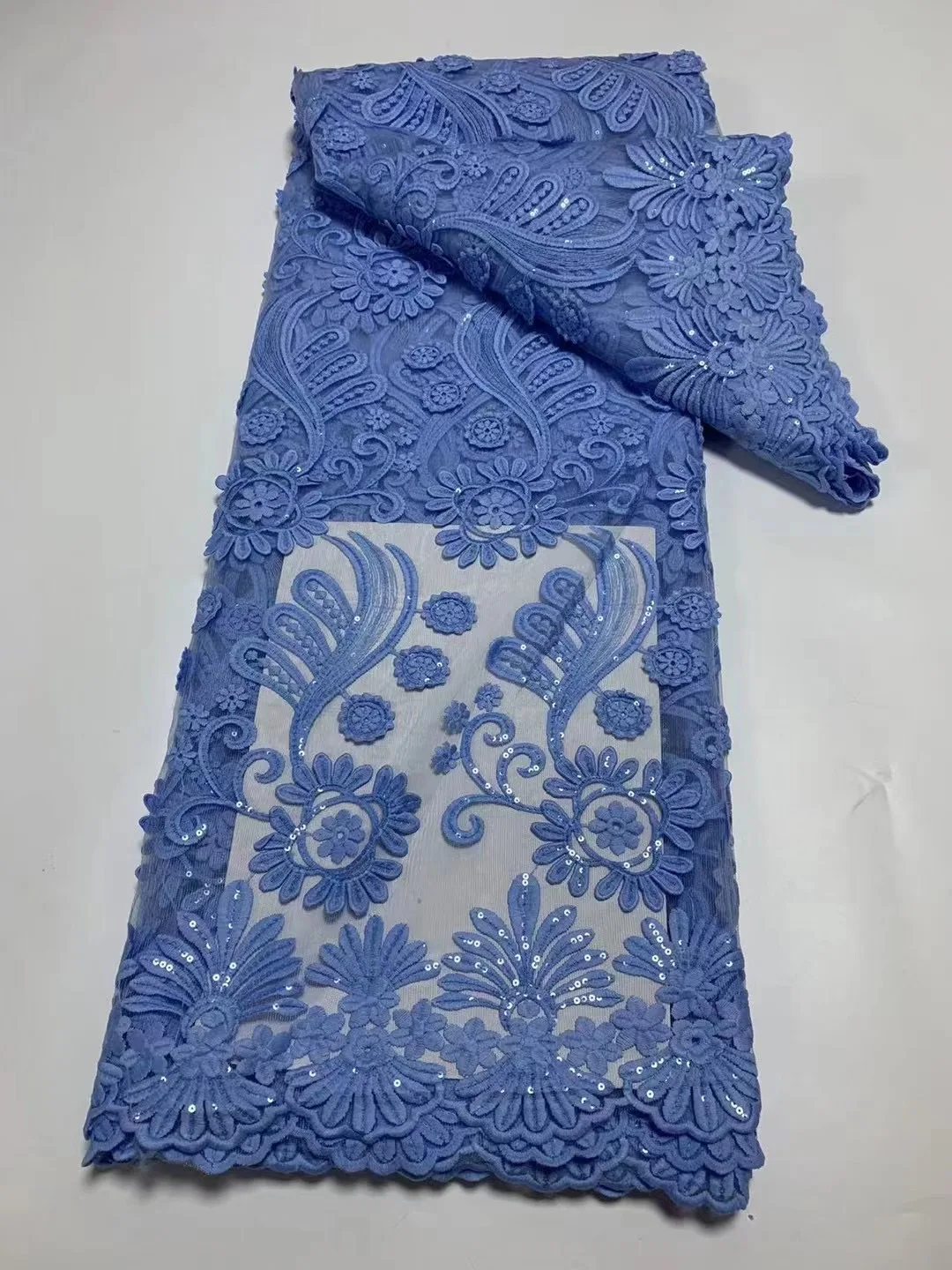 

New Fashion Sky Blue Embroidered Lace Fabric 5 Yards for African Nigeria Lady Dress Sewing Fabric Wedding Party Dress LY618