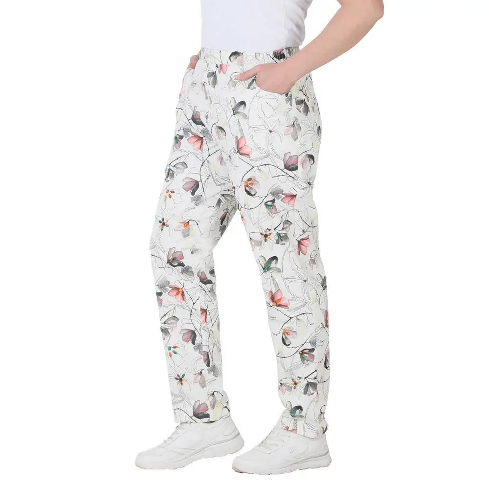Flef women large size pants CcLeer linen high elastic waist flat leg flower stone detail patterned