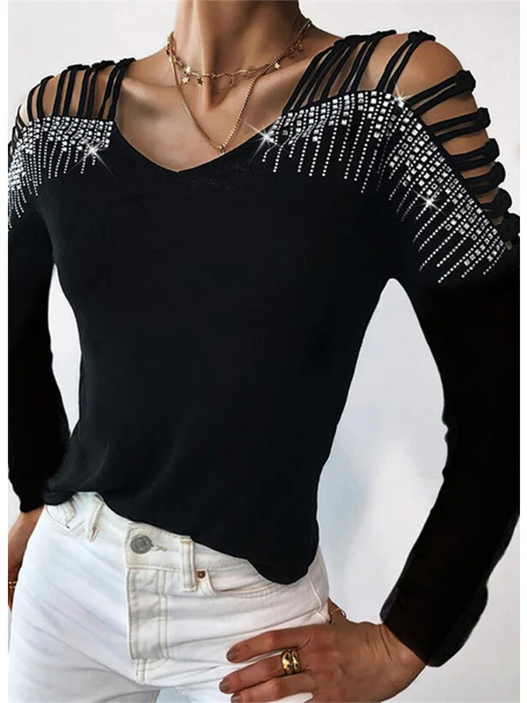 

2022 Fashion Women Blouse Sequins Cold Off Shoulder Long Sleeves Irregular V-neck Shirt Sexy Blouses Solid Color Clothing Female
