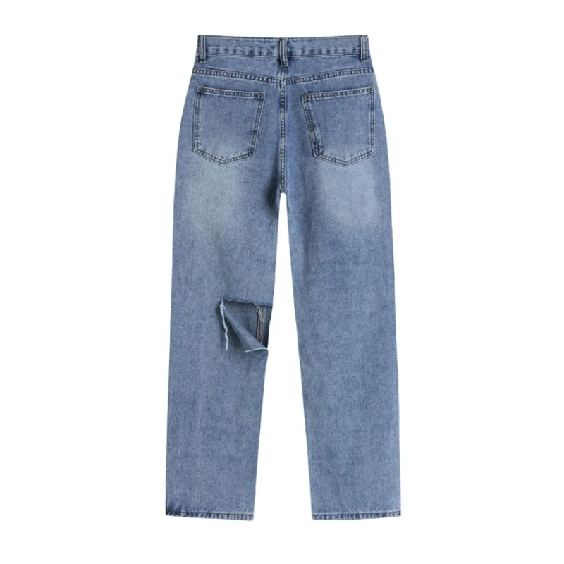 2021 New Summer Women High Waist Straight Jeans Street Style Casual Ripped Hole Jeans Female Blue Washed Loose Pop Denim Pants