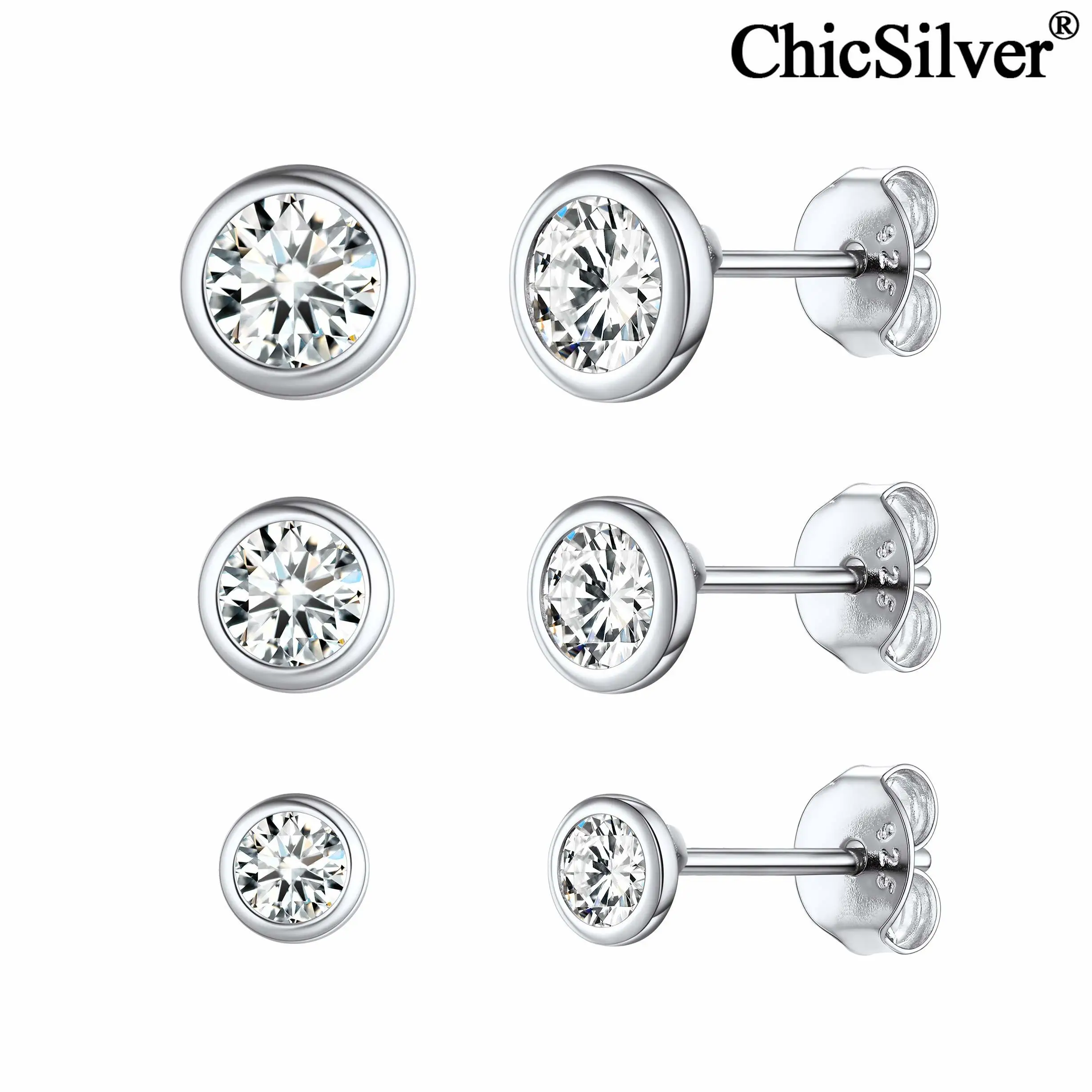 

ChicSilver 3 Pairs Set Stud Earrings for Women Cubic Zirconia 925 Sterling Silver Hypoallergenic Tiny Simulated Diamond Round