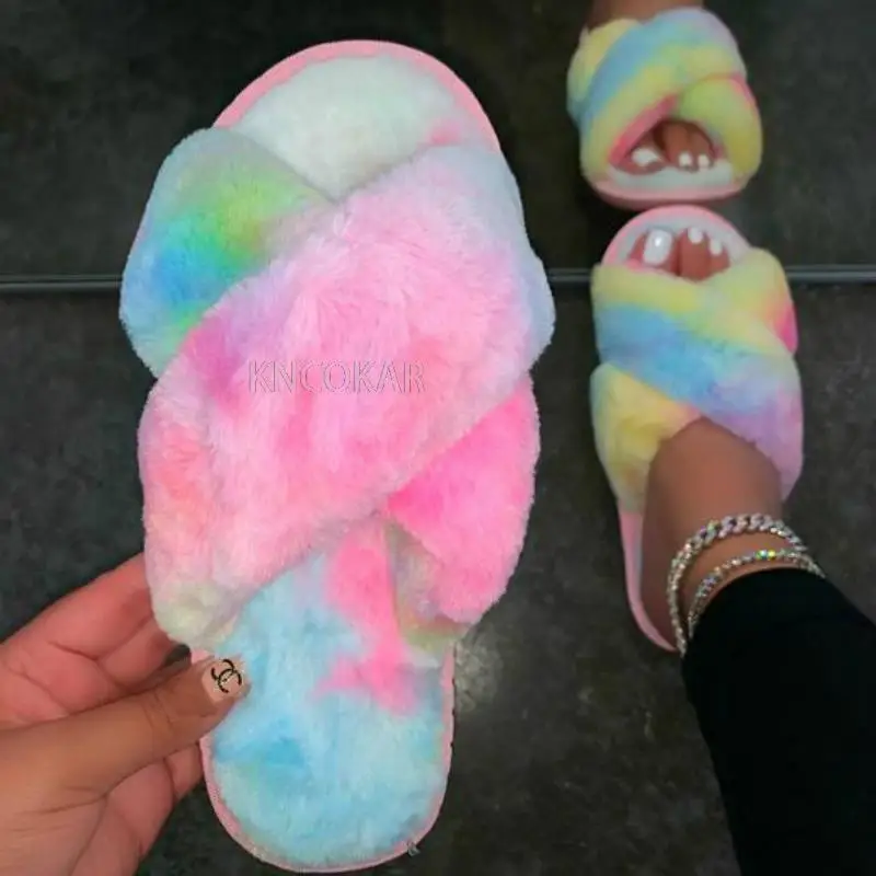 Winter Women Mix Colors Furry Slippers Flat Fluffy Soft Fur House Slides Floor Non-slip Warm Fashion Indoor Shoes