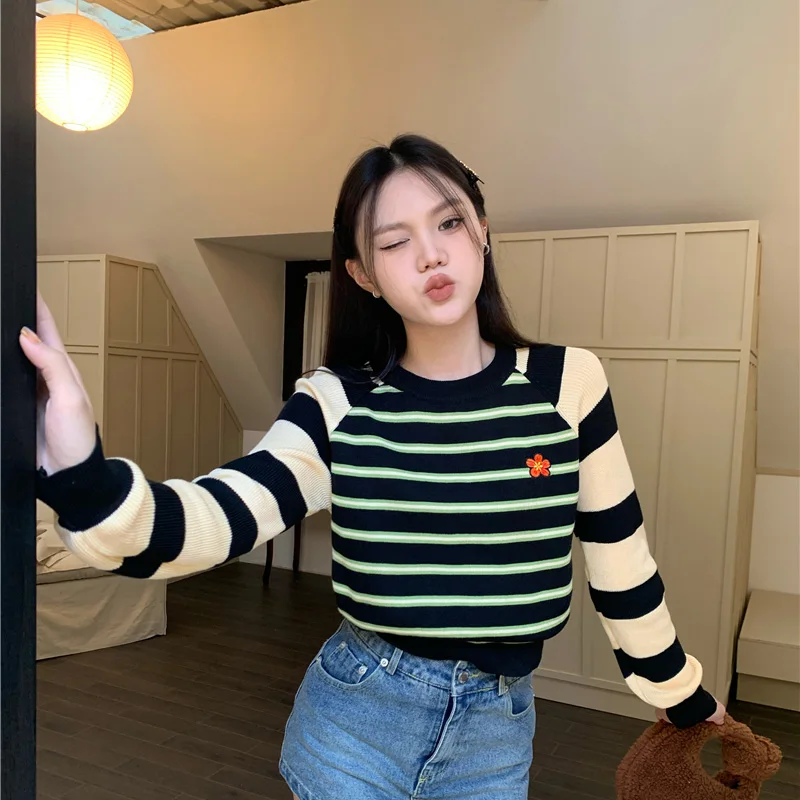 

Embroidery Women Striped Knitted Sweater Pullovers Autumn Winter Print Loose Long Sleeve Top Fashion Lady Clothes
