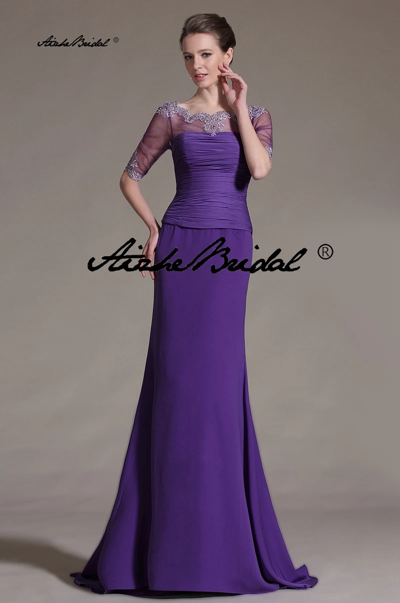 

Purple O Neck A line Mother Of The Bride Dresses Half Sleeves Appliques Draped Mother Dresses For Wedding Guest Evening Gowns