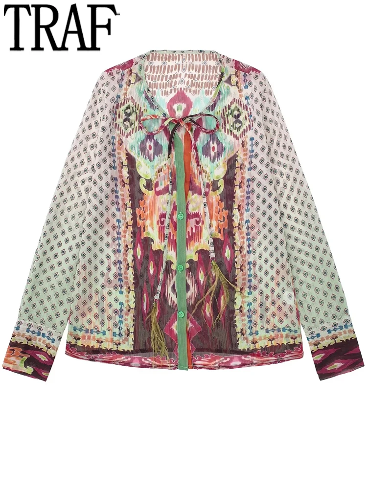 

Блузка женская шифоновая полупрозрачная на пуговицах, с длинным рукавом и принтом