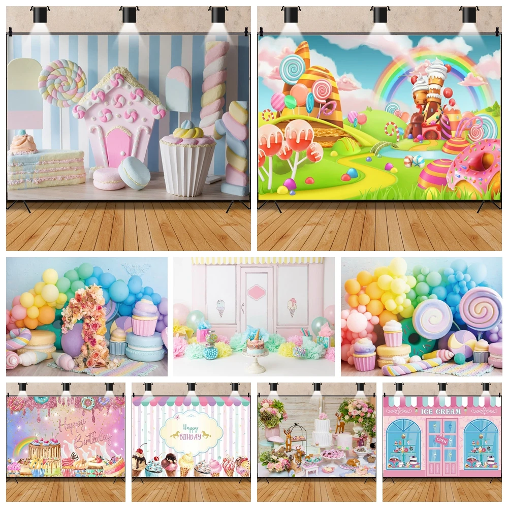 Candy Shop Theme Backdrop Decoration Ice Cream Car Cupcake Lollipop Sweet Baby Shower Chocolate Cream Girl Birthday Party Poster