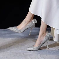 silver sequin pointed high heels womens stiletto shoes butterfly wedding shoes women temperament crystal bride shoes