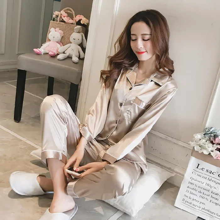 Womens Silk Satin Pajamas Pyjamas Set Sleepwear Pijama Pajamas Suit Female Sleep Two Piece Set Women's Loungewear Plus Size