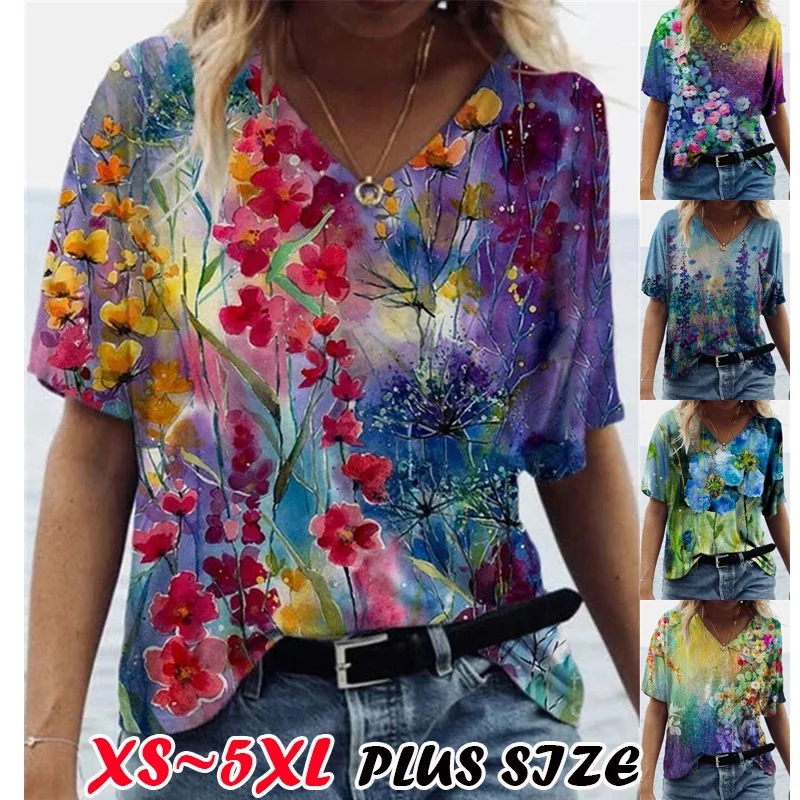 2022 Women Fashion Short Sleeved V Neck T Shirt Summer Flower Painting Shirt Top Casual Loose S-5XL Blouse