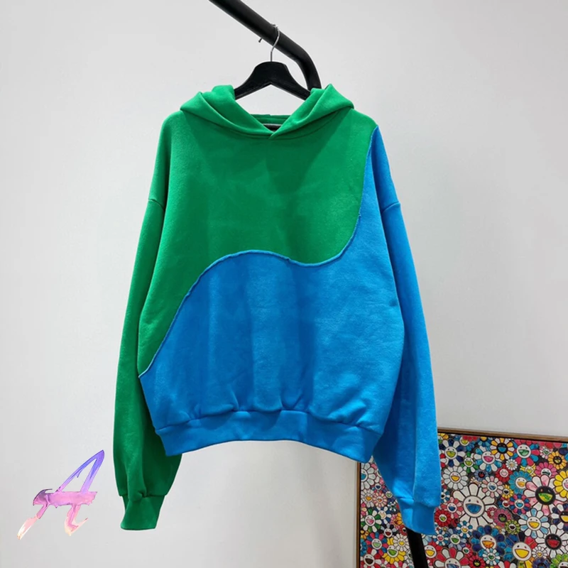 CPFM Kanye Hoodies ERL Blue and Green Stitching Washed Hooded Pullover Worn Men Women Loose Kanye Sweatshirts Jacket
