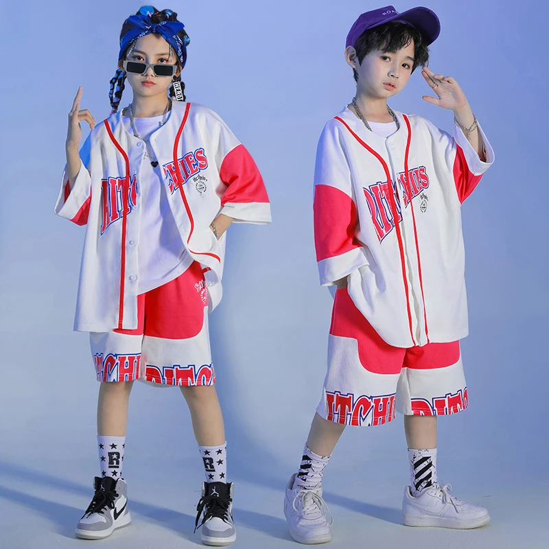 

Детская одежда в стиле K-POP, бейсбольная рубашка, топы с коротким рукавом, уличная одежда, брюки цвета хаки для девочек и мальчиков, костюм для джазовых танцев, одежда для рейвы