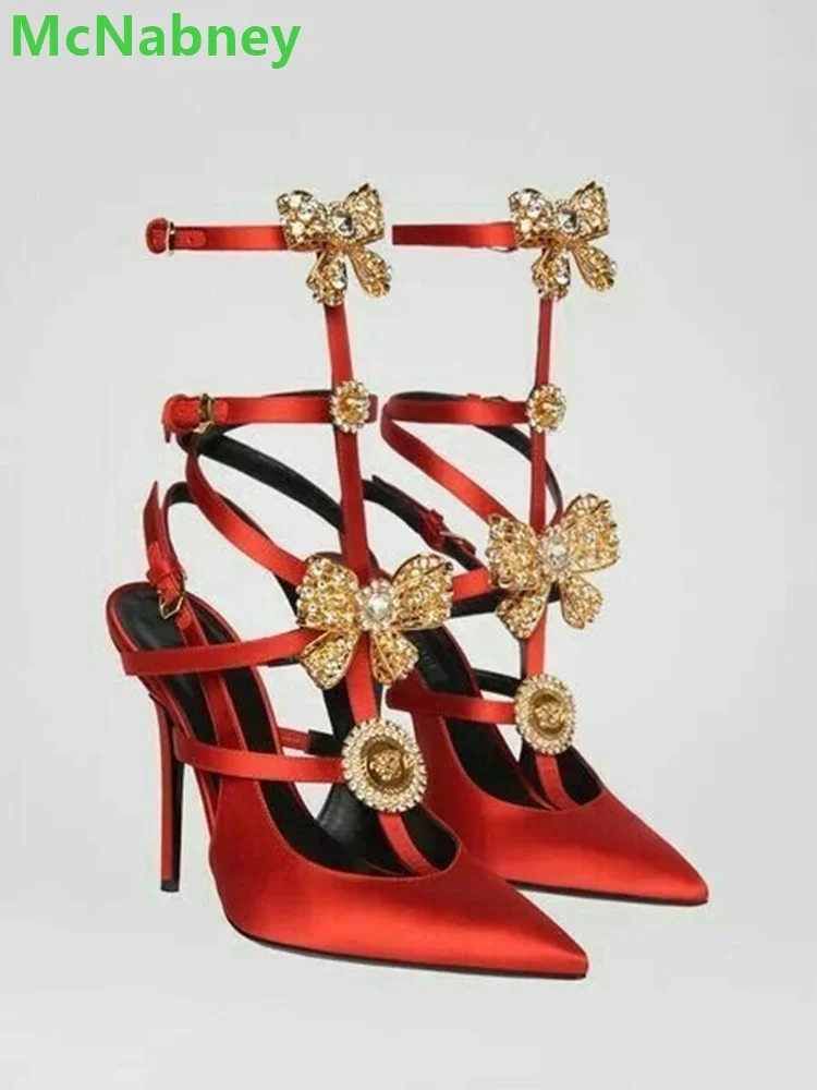 Rhinestone Btterfly-knot Slingback Sandalias For Women Pointed Toe Pumps Ankle Buckle Strap Thin High Heel Solid Hollow Shoes