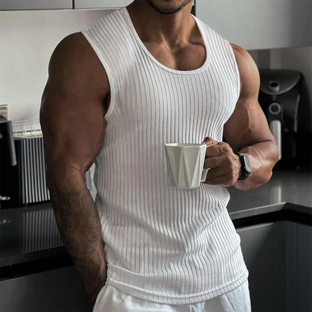 

Men Sleeveless Knitted Vertical Stripe Muscle Workout Tank Tops Athletic Tees Training Bodybuilding Vest Solid Casual Tank Top