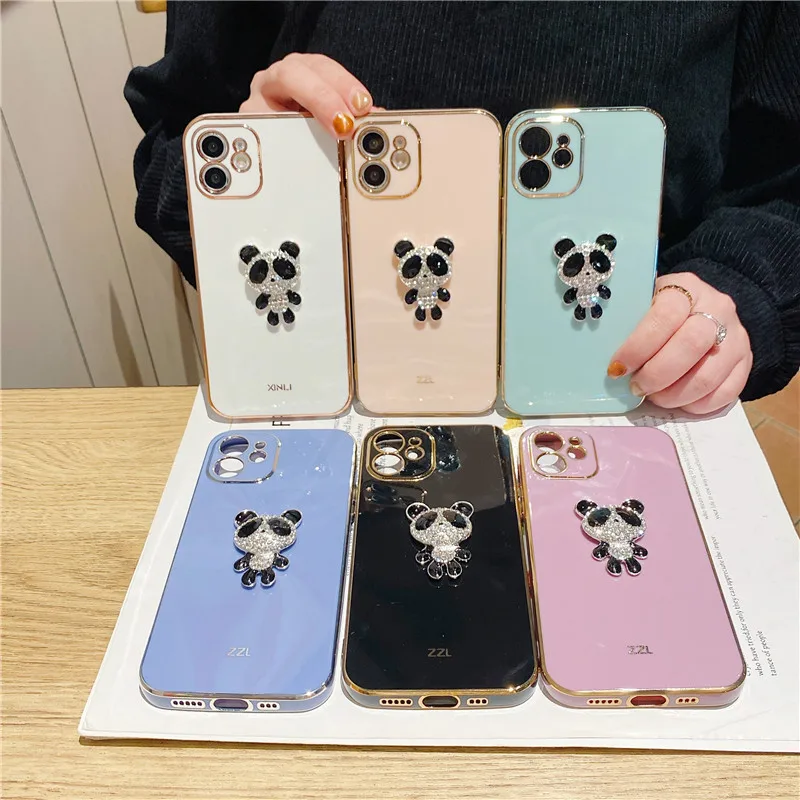 Милый мягкий чехол с 3d-изображением животных алмазной панды для iPhone 13 Pro Max 12 MiNi 11 X