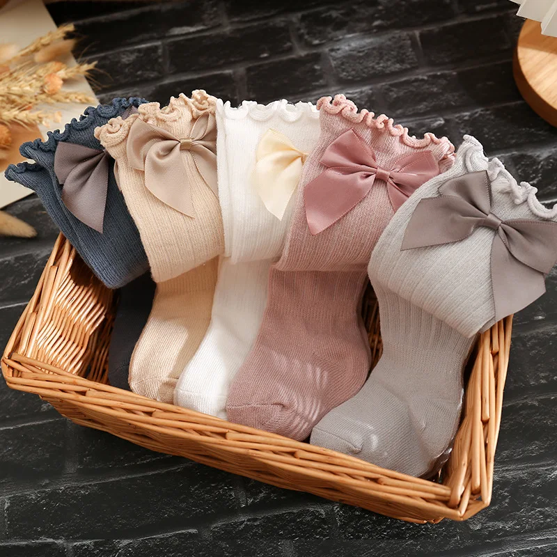 

Bows Ruffle Newborn Kids Long Socks For Girls Solid Color Elastic Winter Warm Infant Knee Socks