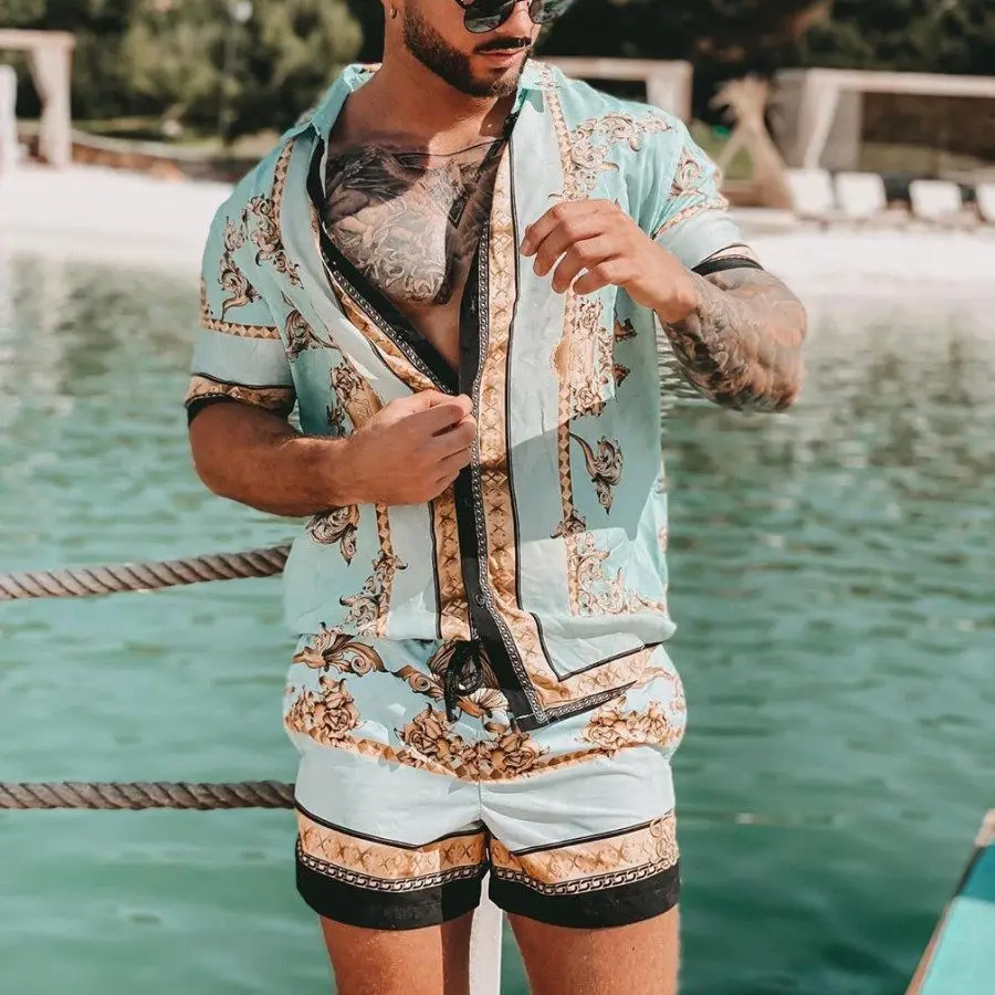 

Retro Harajuku 2022 Summer Hawaii Shirt Men Suit Lapel Single Breasted Cardigan Short Sleeve Beach Shorts Shirts 2 Piece Set