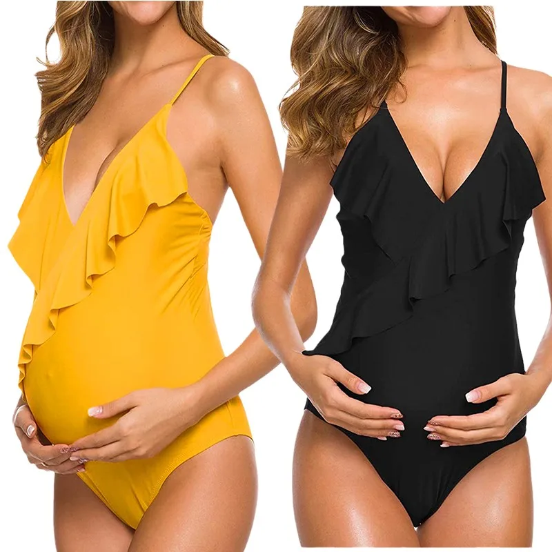 

Maternity One Piece Swimsuit Ruffle Swimwear Women 2022 Sexy V-neck Bikinis Premama Solid Bodysuit Pregnant Lace Up Bathing Suit