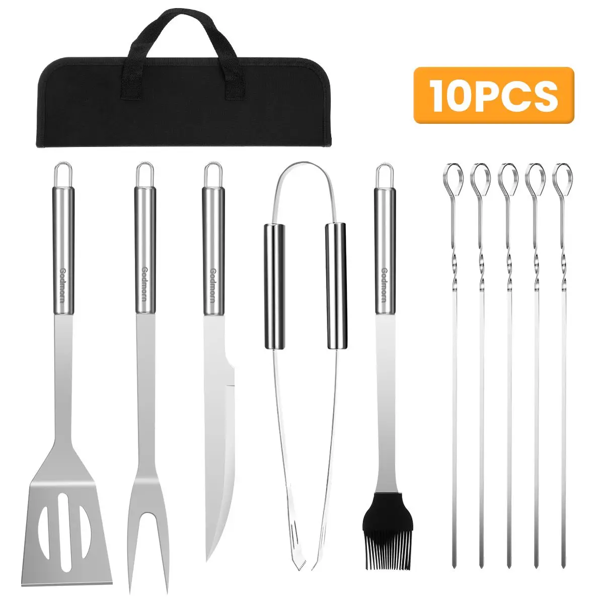 

10pc Stainless Steel BBQ Tool Set spatula fork knife brush skewers Barbecue Grilling Accessories Camping Outdoor Cooking Utensil