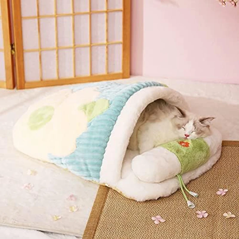 

Домик для домашних животных, спальный мешок для кошек Сакура с подушкой, милая Лежанка для кошек, мягкая теплая Лежанка для собак, товары для домашних животных 64X44 см