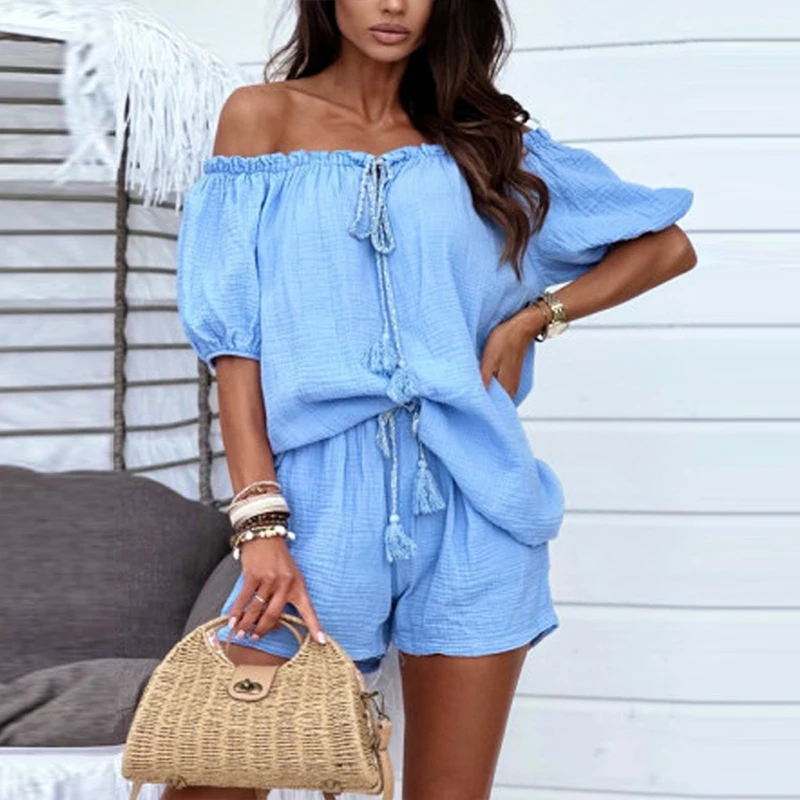 

Casual Summer Off Shoulder Two Piece Sets Fashion Slash Neck Lace Up Top with Shorts Suits 2023 New Blue Holiday Women Outfits