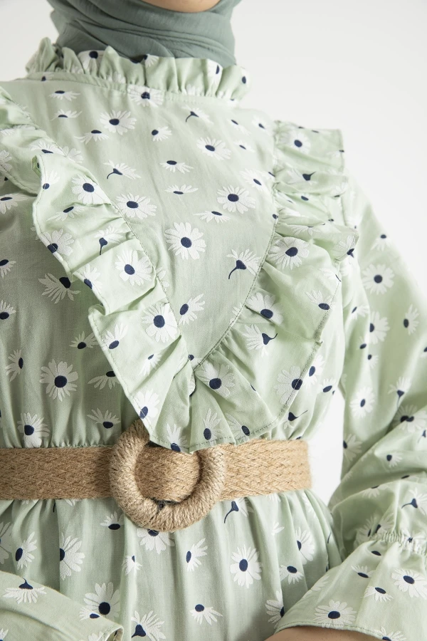 

Muslim Women Long Hijab Dress Daisy Print Colar Frilly Mesh Arched Floral Summer Casual New Season Young Style