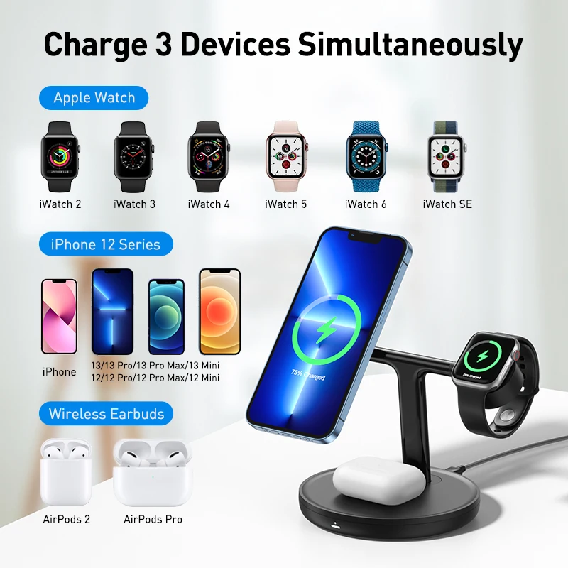 baseus 20w magnetic wireless chargers stand for iphone 12 13 induction charger dock station for airpods pro wireless charger free global shipping