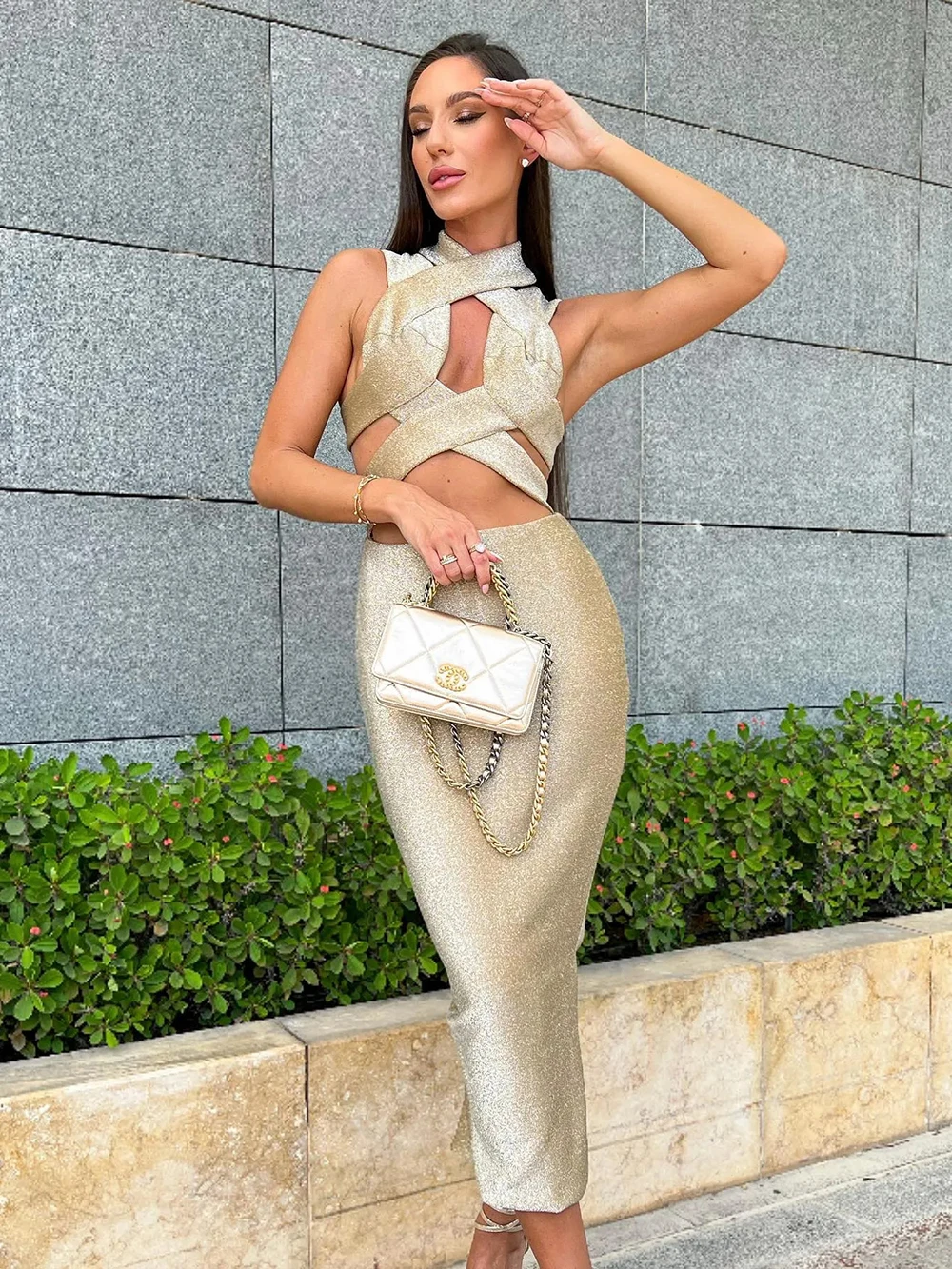 

2022 Autumn New Women'S Sexy Sleeveless Hollow Out Backless Bronzing Bodycon Bandage Celebrity Club Party Midi Dress Vestidos