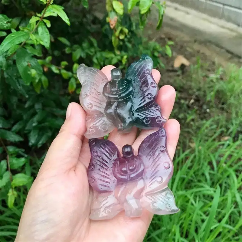 

Natural Rainbow Fluorite Angel Statue Carving Crystal Butterfly Fairy Figurine Healing Stone Home Decor Gifts 1pcs