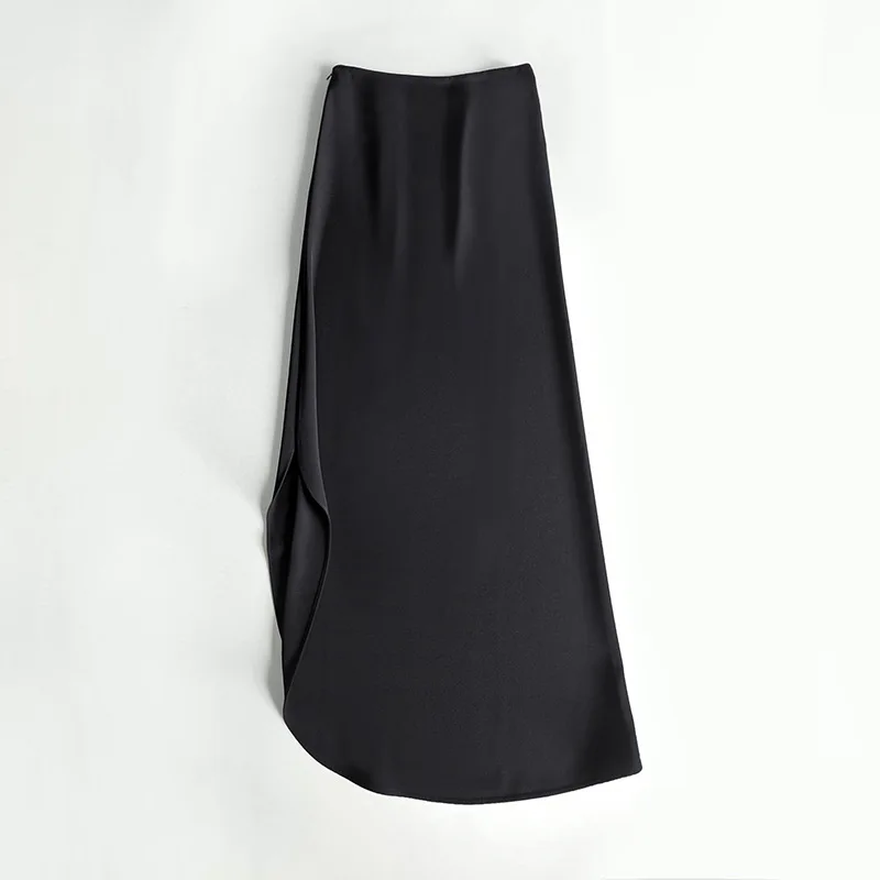 

Women's Solid Color Slit Zipper High Waist Asymmetrical Hem Elegant 2023 Spring Midi Skirt