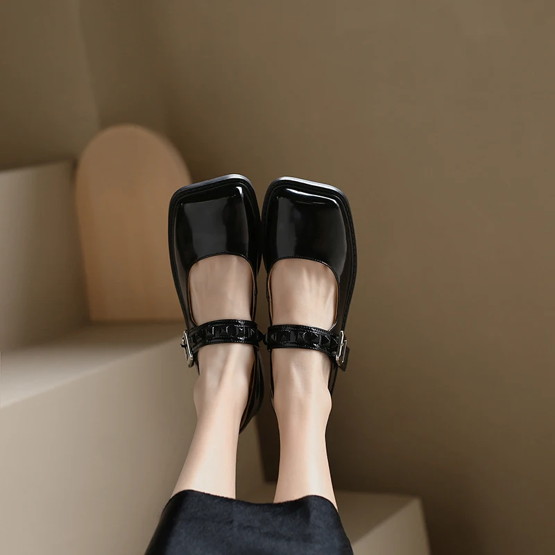 Genuine Leather Girls Flats Black Brown Dress Mary Jane Shoes Preppy Style Vintage Crystal Buckle Soft Square Toes Zapatos Mujer