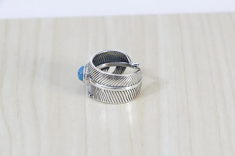 Японский уличный стиль кольцо из стерлингового серебра с бирюзовым пером и живым