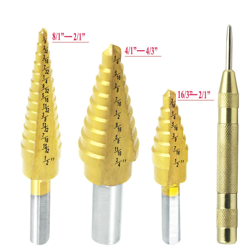 

4pcs HSS Titanium Coated Step Drill Bit for Metal/ Wood Drilling Hole +Automatic Center Punch 3/16" To 1/2"six-step