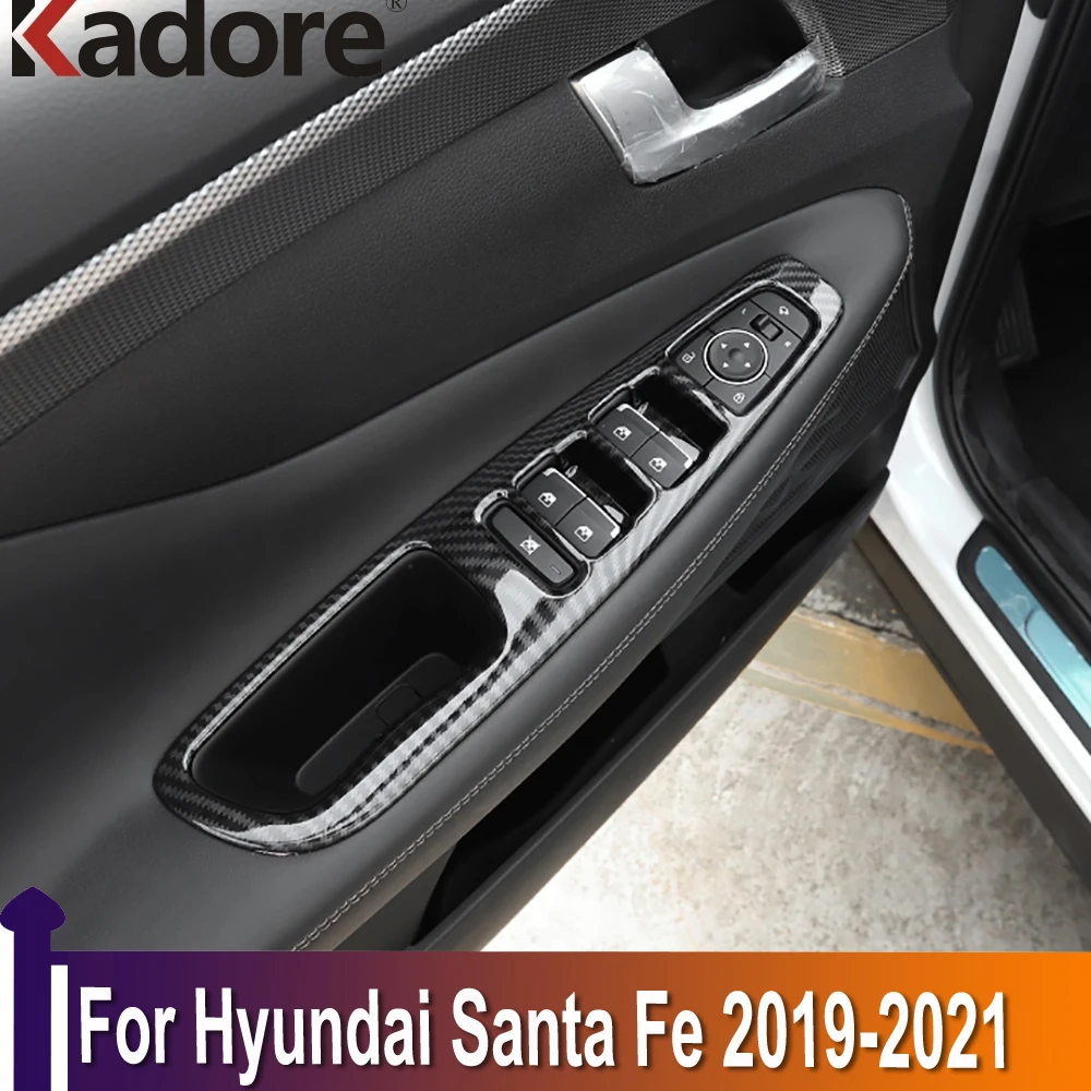 

For Hyundai Santa Fe 2019-2021 Carbon Fiber Window Lift Switch Button Cover Trims Door Armrest Panel Frame Interior Accessories