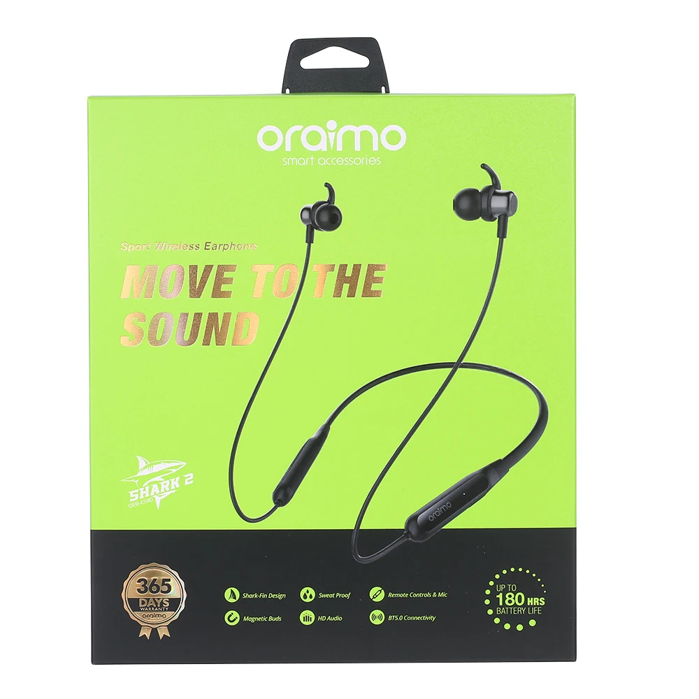 Оригинальные беспроводные наушники Oraimo Shark 2 Sport BT5.0 In-ear с микрофоном для спорта и игр, с магнитными наушниками и шумоподавлением.