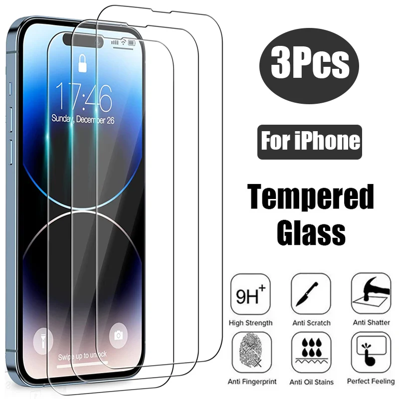 

3Pcs Full Cover Tempered Glass On the For iPhone 11 12 13 14 15 Pro X XR XS Max Screen Protector On iPhone 7 8 6s 14 Plus Glass