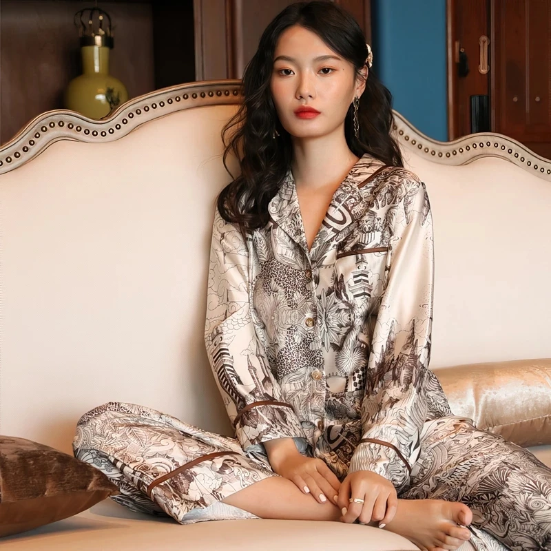 Floral Printed Satin Pajamas Set Women Loungewear 2Pcs Long-Sleeve Elastic Waist Temperament Loose Luxury Nightwear Sleepwear