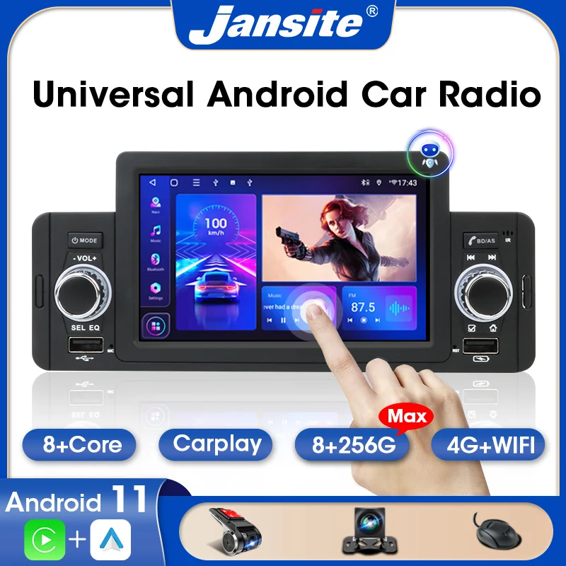 Jansite 5" 1 Din Android 11 Car Radio Auto IPS Touching Screen Multimedia Player 4G WIFI Audio Video MP5 Bluetooth Stereo GPS FM